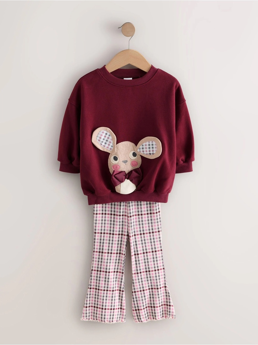Next Girls Burgundy Mouse Plaid Flare Sweatshirt Pants Set Size 5-6 NWT
